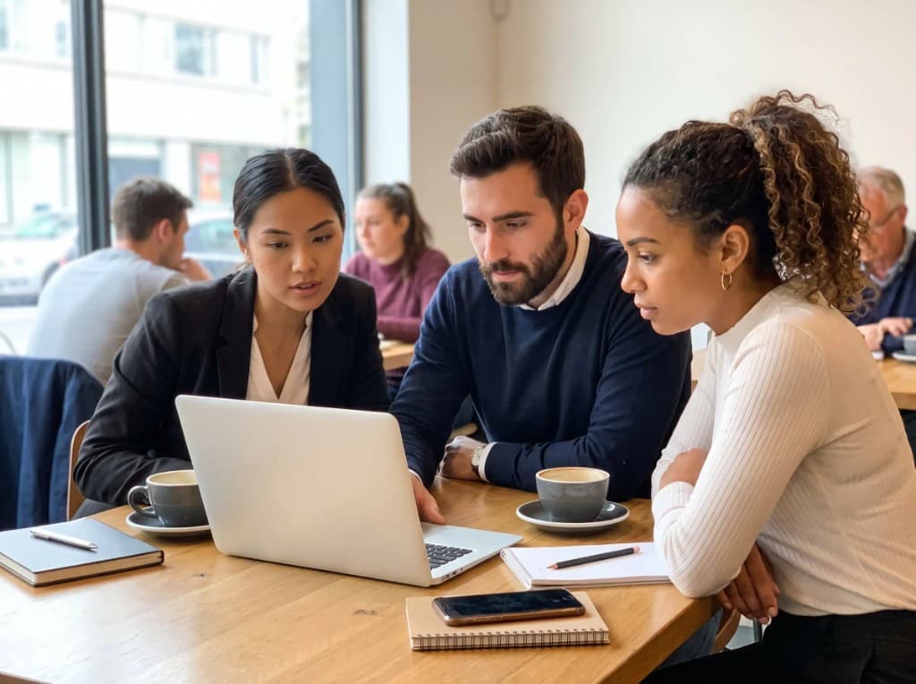 Three colleagues working together at a cafe